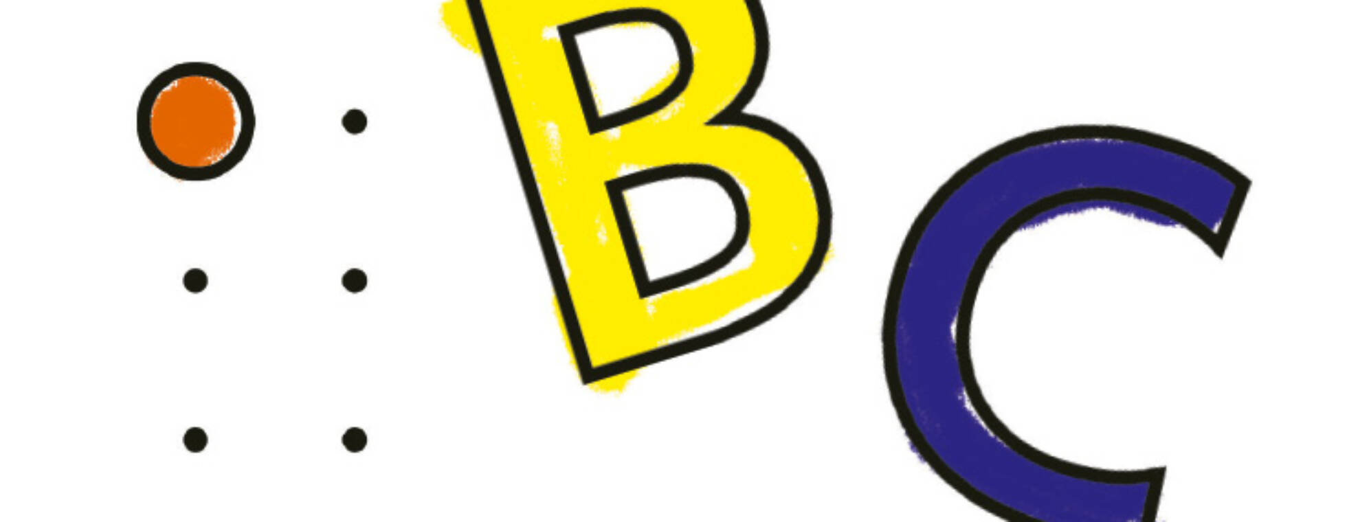Bild, das dem Cover des ABC-Buches entliehen ist: ein rotes A in Braille, ein gelbes B und ein lila C in Schwarzdruck