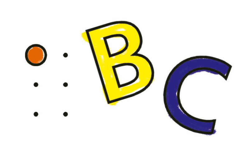 Bild, das dem Cover des ABC-Buches entliehen ist: ein rotes A in Braille, ein gelbes B und ein lila C in Schwarzdruck