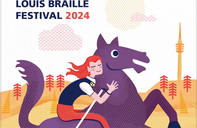 Veranstaltungsplakat zum Louis-Braille-Festival. Grafik einer blinden Reiterin