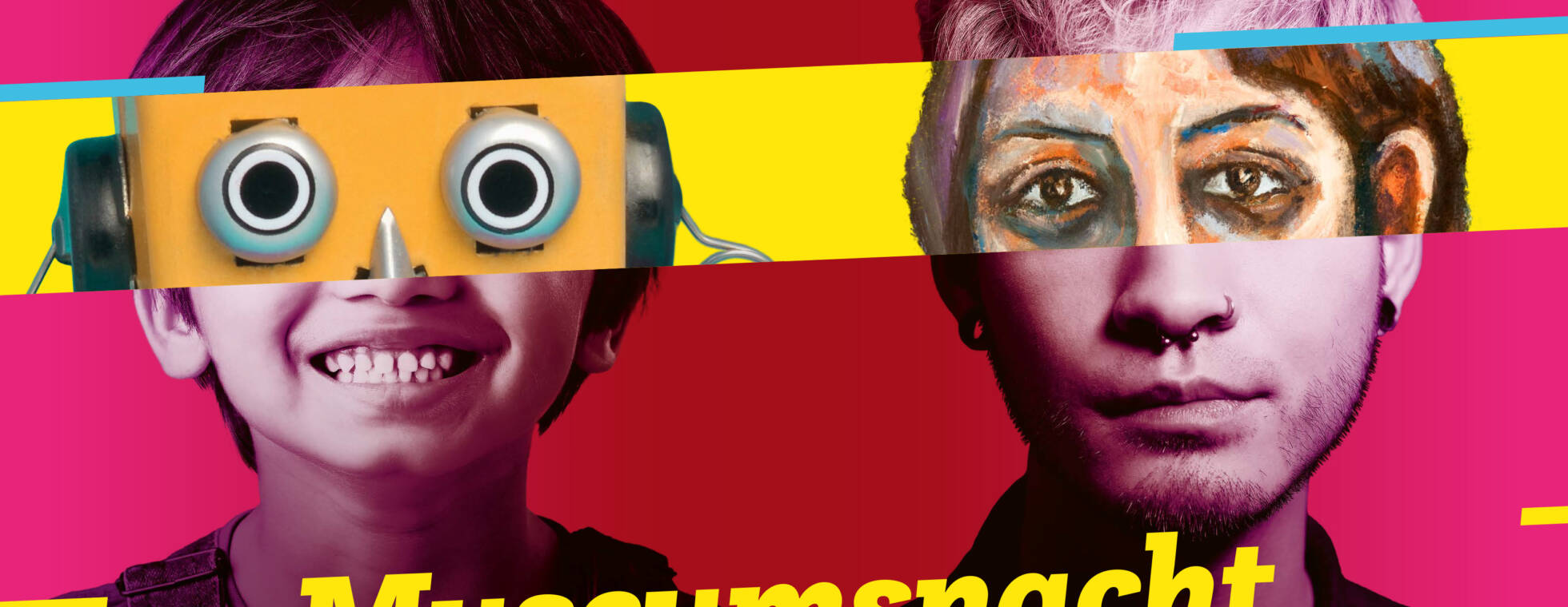 Plakat der offiziellen Museumsnacht: Collage von zwei Köpfen, deren Augen durch die Augen eines Gemäldes und eines Roboters ersetzt wurden. Darüber der Schriftzug Museumsnacht Halle Leipzig 10. Mai