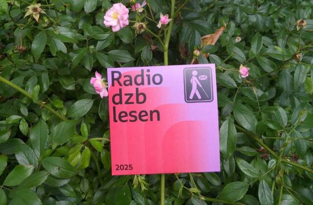 Die CD mit der Aufschrift Das CD-Cover von Radio dzb lesen 2025 in rot und lila vor einem Tannenrosenstrauch