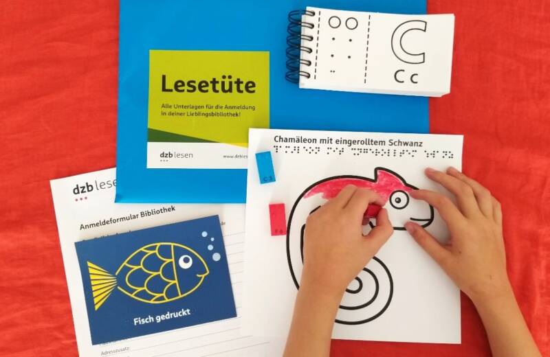 Der Inhalt der Lesetüte ausgebreitet auf rotem Grund: zwei Kinderhände malen ein Reliefbild eines Chamäleons aus.