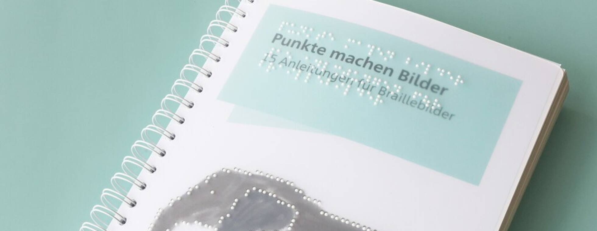Das Ringbuch vor mintgrünem Hintergrund. Zu sehen ist ein Teil des Elefanten und der Titel "Punkte machen Bilder. 15 Anleitungen für Braillebilder"