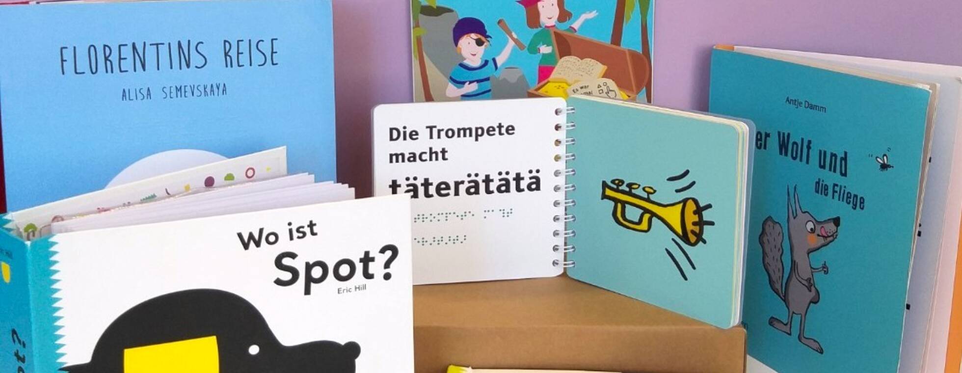 Um ein Paket sind bunte Kinderbücher mit Großdruck und Braille aufgestellt